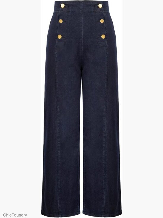 Denim - High Waisted Wide Leg Jeans with Pockets Stretchy Denim Palazzo Pants